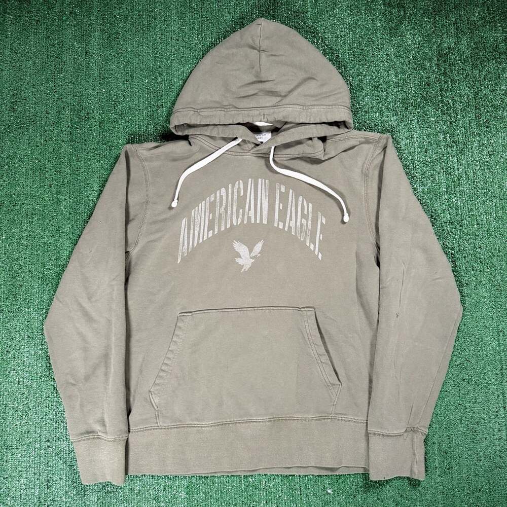 Y2K American Eagle Super Soft Graphic Hoodie Size Medium Green White Drawstring